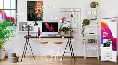 Home office with Canon printed products listed